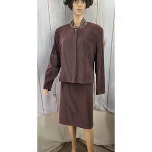 Leslie Fay 3 Pc Button Jacket & Skirt & Scarf Set Size 18 Taupe Brown Sz 18